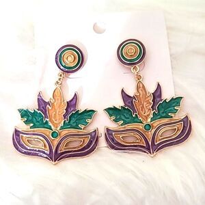 Mardi Gras Dangling Mask Earrings, Purple, Gold & Green, Pierced Ears, NWOT